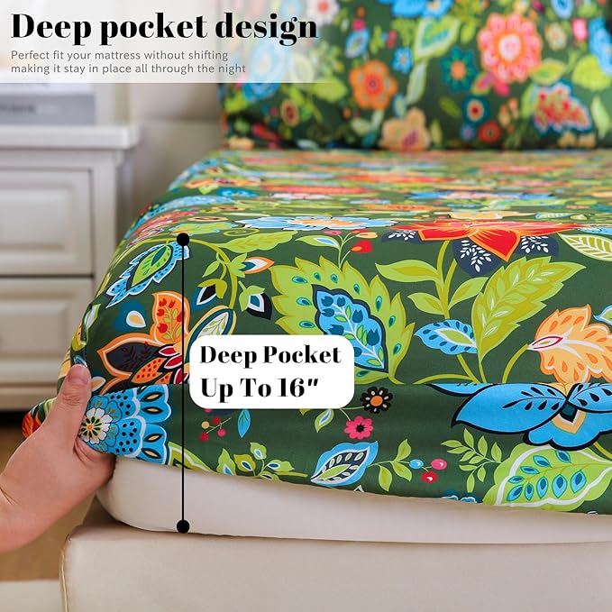 Bedlifes Twin Sheet Set Ultra Soft, Breathable, Silky Flower Deep Pocket 100% Microfiber Bedding, 3 Piece Twin Size with Floral Dark Green
