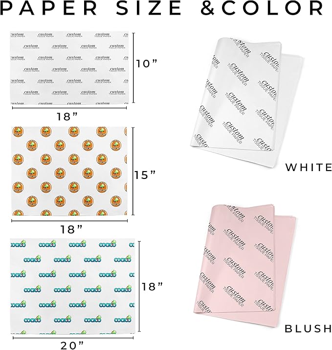 COACO Personalized Tissue Paper, Your Custom Design, Logo, or Text, Great for Holiday or Special Occasion, Small Business Packaging or Gift Wrapping, 30, 50, or 100 Count, White (18"x15")