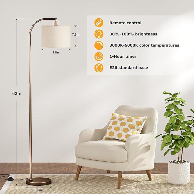 Ambimall Arc Floor Lamp with Remote and Stepless Dimmable Bulb, Colors Temperature & Brightness Adjustable, Floor Lamps for Living Room（Deep Beige Shade & Brown Pole）