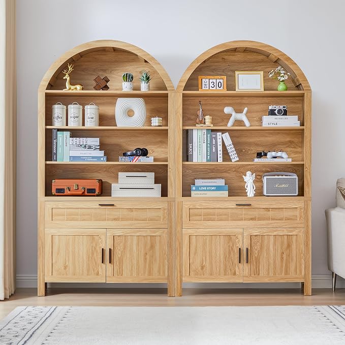 Turtle&Myrtle 73" H Large Arched Bookshelf，5-Tier Arch Bookcase with Doors，Mid Century Modern Book Shelf with Drawers，Wood Bookshelf w/Open Display Shelves for Living Room, Office (Natural, 2 Set)