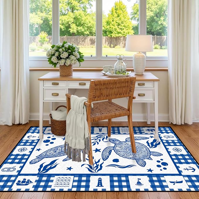 Sea Turtle Rug Coastal Ocean Print Floor Mat Blue and White Plaid Area Rug for Entryway Bedroom Living Room Nursery Kitchen Playroom Home Decor Non-Slip Washable Carpet,2'x3'