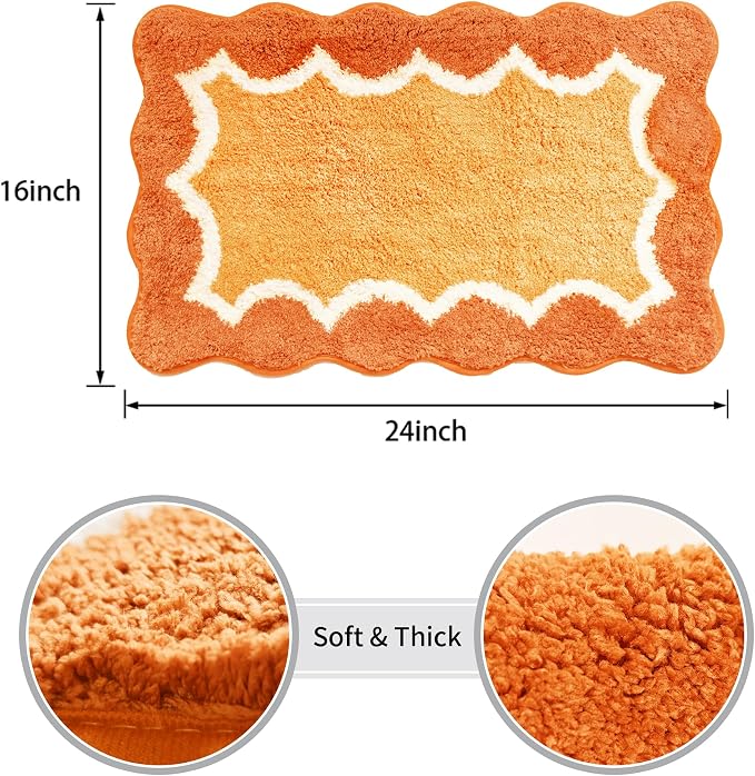 Scalloped Orange Bathroom Rugs Mat,Non Slip Absorbent Quick Dry Bath Mats for Shower Room,Plush Microfiber Bath Rug for Bathroom Floor Washable Carpet for Shower Tub Sink Bedroom,16"x24"