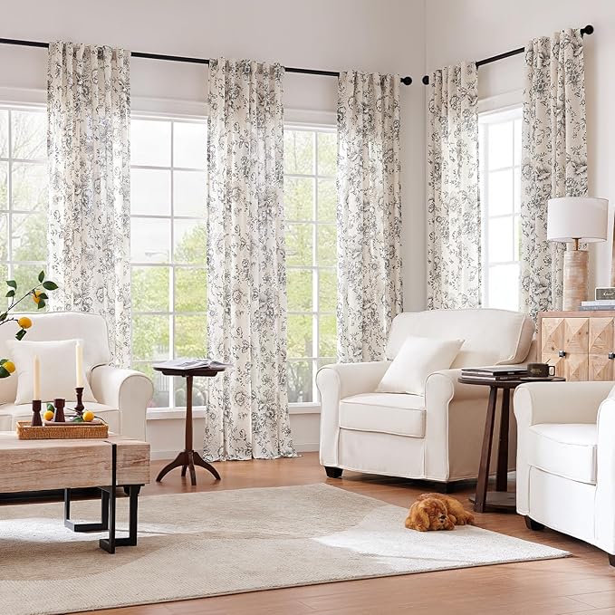 jinchan Linen Blend Curtain Floral Curtains for Living Room 96 Inch Length Black Printed Curtain Back Tab Farmhouse Peony Flower Patterned Drapes Bedroom Window Curtains Set 2 Panels