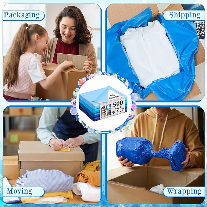 Qilery 500 Sheets Blue Tissue Paper Bulk for Gift Bags 20 x 30 Inch Acid Free Wrapping Paper Sheets for Winter Hanukkah Decoration DIY Crafts, Packing Supplies for Moving, Wedding Party, DIY Flowers