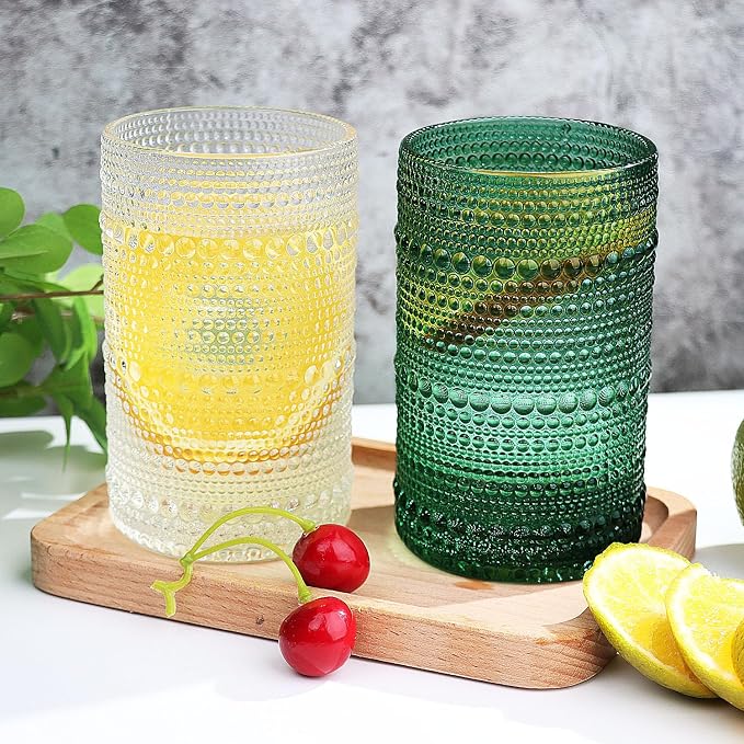 Hobnail-Drinking Glasses 13oz Vintage Glassware Sets Cocktail Juice Glasses Set of 6, Blackish Green