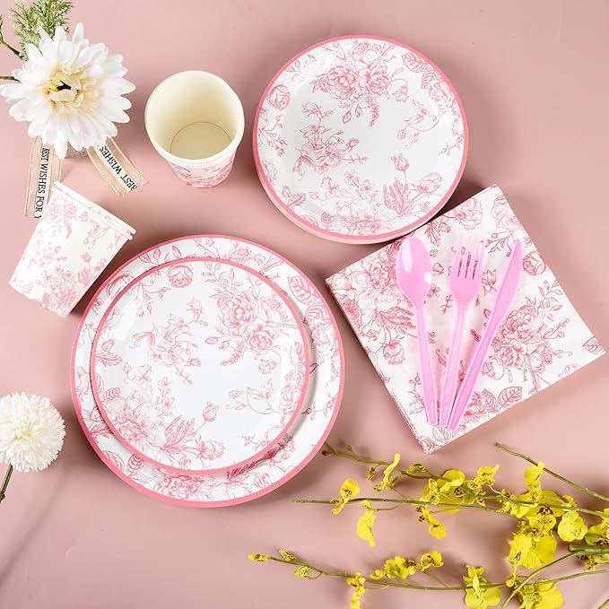 175Pcs Pink Floral Paper Plates and Napkins 25 Guests Pink White Toile Chinoiserie Party Supplies Set Include Plates Napkins Cups Spoons Forks Knives for Christmas Birthday Wedding Mother's Day
