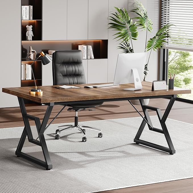 63" Large Executive Desk - Computer Office Desk Workstation, Modern Business Writing Table with Sturdy Metal Legs for Home Office (Dark Walnut/Black)