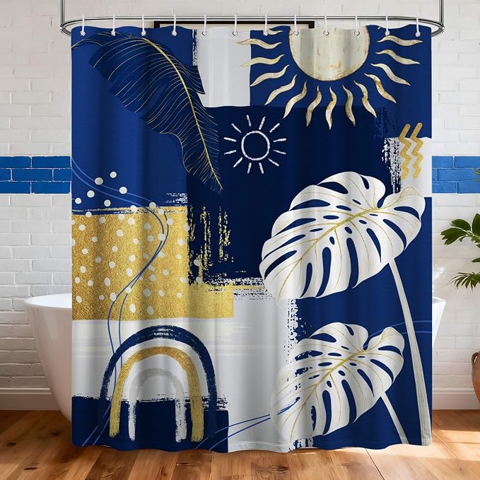 Blue and White Mid Century Modern Shower Curtain, 70x72 Inch | Bohemian Abstract Navy Blue and Gold Bathroom Decor Sets, Waterproof Cloth Fabric, Includes Hooks