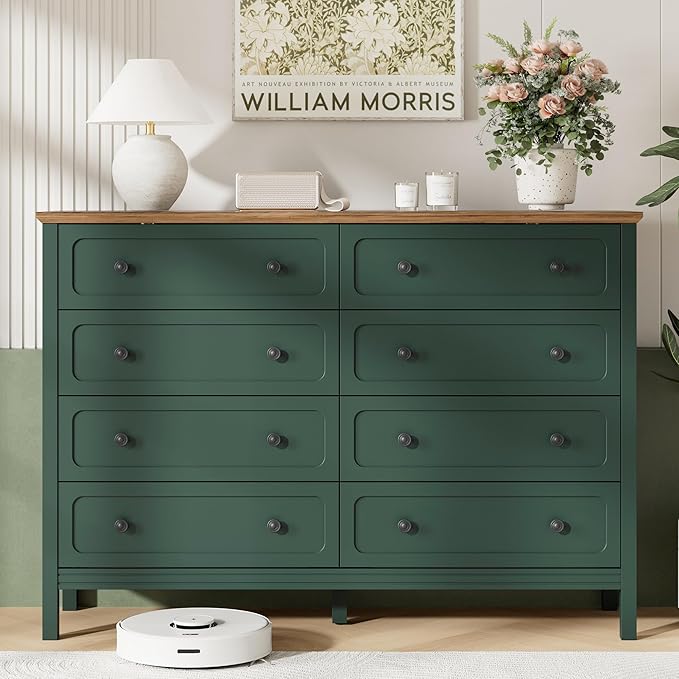 Green Dresser for Bedroom, 8 Drawer Dresser with Metal Handles, 55" Wide Modern Dressers & Chest of Drawers for Living Room, Hallway, Entryway