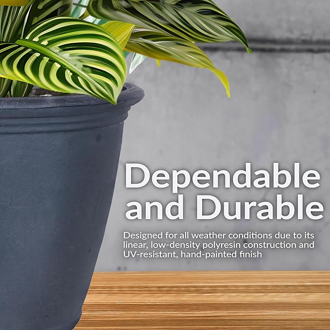 Sunnydaze 24-Inch Anjelica Large Plastic Pot for Plants - Double-Walled Outdoor Polyresin Round Planter Porch Pot with Drillable Drainage Holes - Slate
