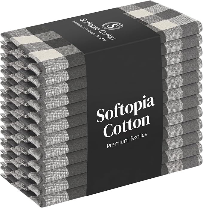 Checked Kitchen Towels 12 Pack, 18x26 Inches, Absorbent Dish Cloths, Reusable and Washable Tea Towels for Drying and Cleaning, Quick Dry Wash Rags - Light & Grey, Natural