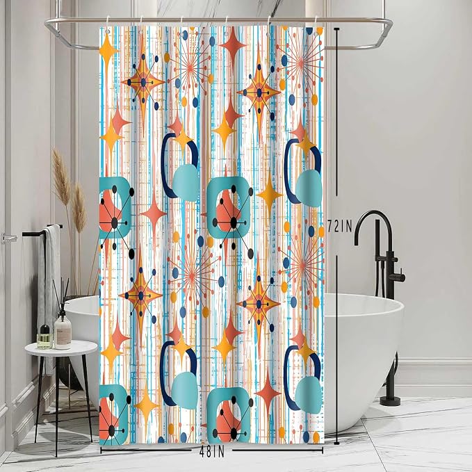 Mid Century Shower Curtain, 48x72inch, Modern Abstract Retro Colorful Striped Geometric Shower Curtain Sets 1950s Boho Bathroom Shower Curtain with 8 Hooks