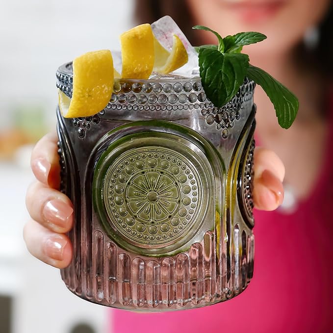 Ribbed Retro Arch Floral Smoke Grey Drinking Glasses Set of 6, (10 oz) Vintage Glassware Set by Kate Aspen| Cocktail Glass Set, Juice Glass, Water Cups | Hostess Gift & Present for New Home Owners