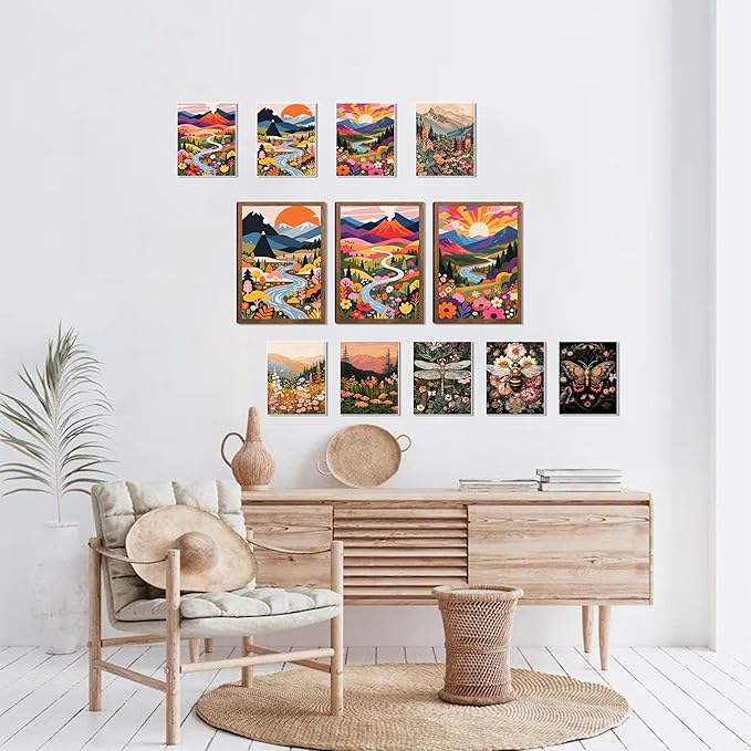 Nature Landscape Boho Wall Art Set of 3 12x16In Wood Framed,with 9 Bonus 8x10 Posters Prints, Abstract Ridge River Sunset Floral Canvas Paintings for Living Room Bedroom Office