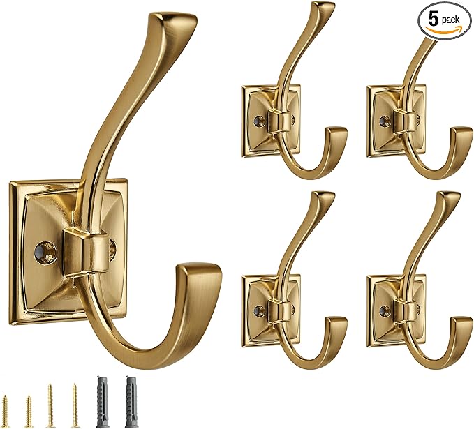 5 Pack Decorative Heavy Duty Towel Hooks for Hanging Robe Double Brushed Brass Coat Hooks Wall Mounted with Screws for Key, Towel, Bags, Cup, Hat