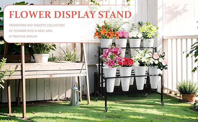 Zhongma Flower Bar Stand Display shelf with White Buckets for Fresh and Diy flowers Bouquet Rack Organizer Heavy Duty Flower Bucket Stand with Wheels