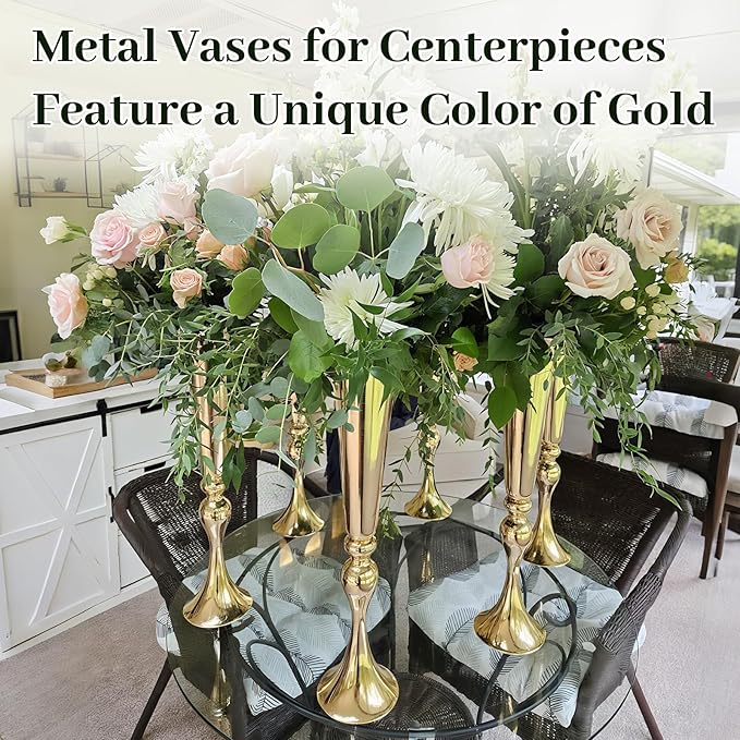 Gold Vase for Wedding Centerpiece, 2Pcs Metal Trumpet Vase 22" Tall Flower Stand for Wedding Table Centerpiece Decoration Floral Arrangement for Reception Bridal Party Decor