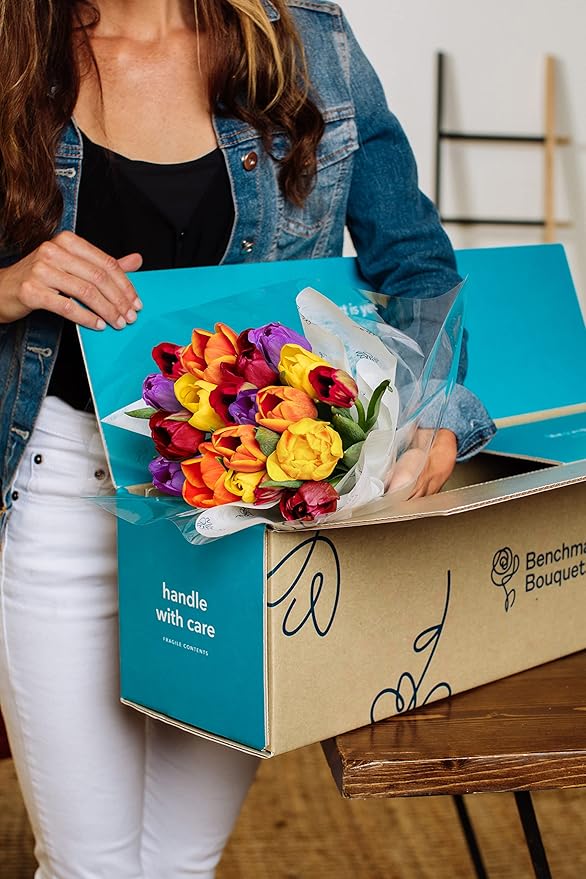 Benchmark Bouquets - 20 Stem Rainbow Tulips (Glass Vase Included) - Fresh Flowers for Delivery - Gift for Birthday, Anniversary, Sympathy, Get Well, Congratulations, Thanksgiving, Christmas