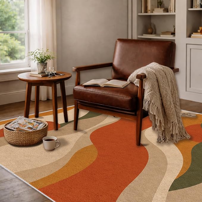 Burnt Orange Abstract Area Rug 6x9, Mid Century Modern Wave Rug, Retro Wavy Geometric Washable Low Pile Non Slip Rug for Living Room Bedroom