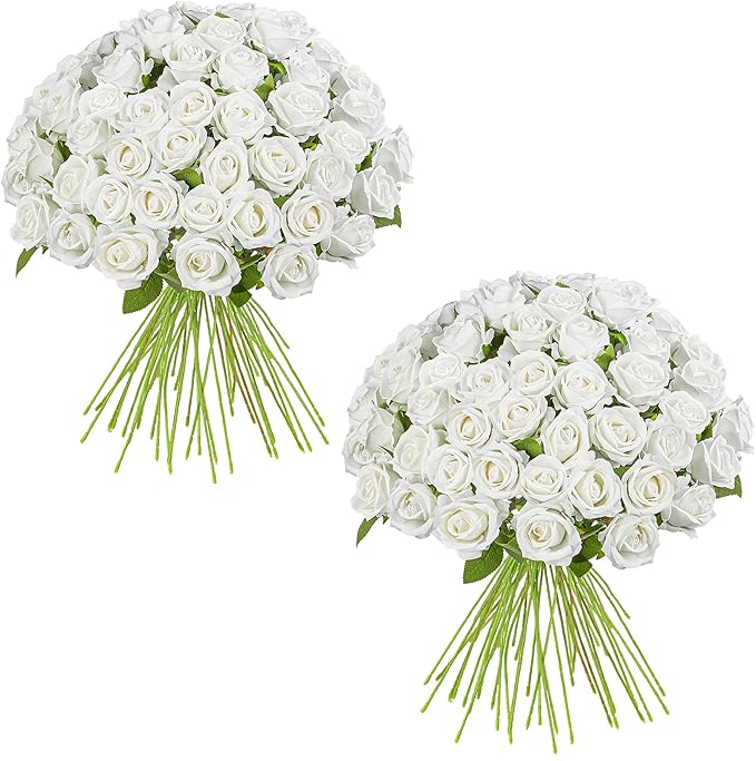 Fake Plants Roses Flowers Plastic Flowers Spring Decorations for Home Gifts for Gf Roses Artificial Flowers for Vase Fake Flowers Home Decor Fake Plant19.6“ (White 100PCS)
