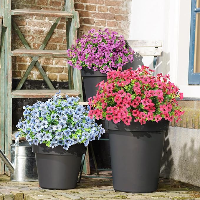Artificial Flowers Outdoor Faux Plants UV Resistant Fake Patio Flowers Plastic Greenery Plnats Outside Bulk for Spring Garden Hanging Planter Home Vase Decor, 12 Bundles (Rose Red)