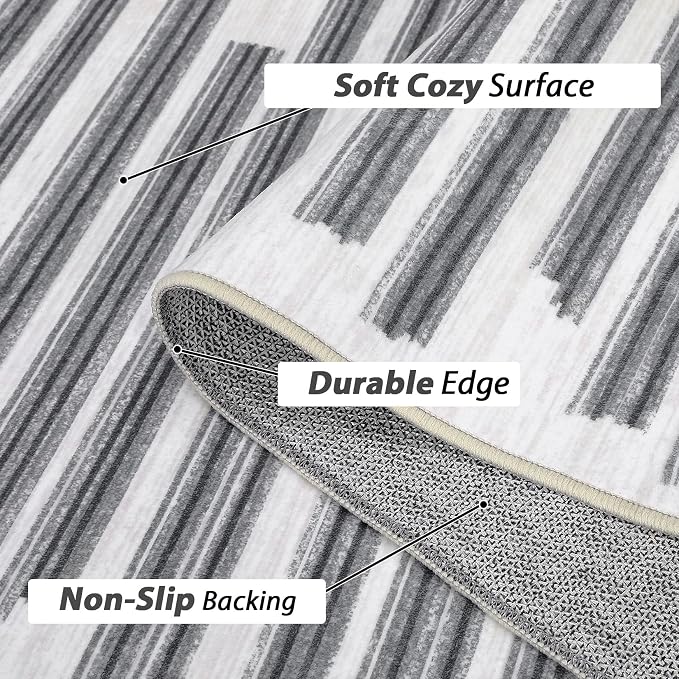 Washable 5x7 Rugs for Living Room Low Pile Soft Bedroom Rug Modern Abstract Lines Carpet Non Shedding Thin Office Carpets Contemporary Geometric Striped Floor Mats for Kitchen Nursery, Beige Grey