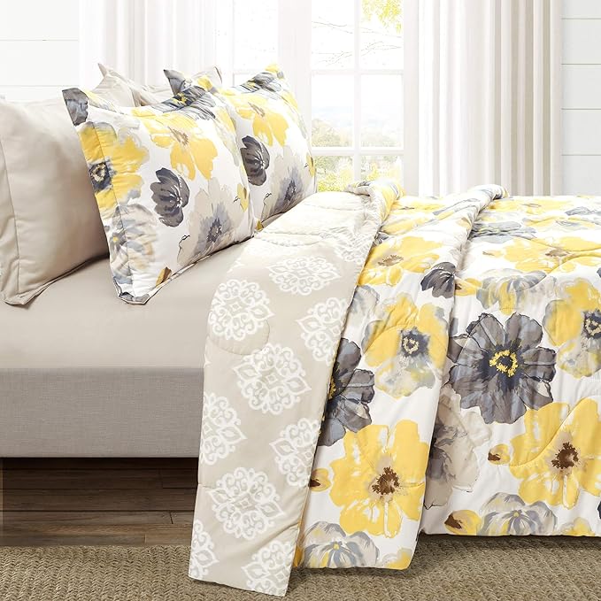 Lush Decor Leah Reversible Comforter Set, 6 Piece Set, King, Yellow & Gray- Watercolor Botanical Comforter Queen Size-Farmhouse Florals Bedding Decor