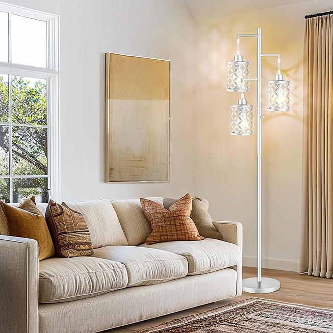 Dimmable Floor Lamp, Farmhouse Standing Lamp with Elegant Metal Cages, Industrial Tall Tree Floor Lamps for Living Room, Bedroom, Study Room, Office, 2000LM LED Bulbs Included -68", Silver
