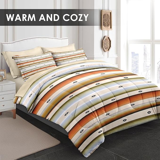 Comforter Set Full Size, Geometric Tribal Striped 7 Pcs Bedding for Kids and Adults, Boho Modern Colorful Bed Sheet Sets with Fitted Sheet 2 Pillowcase & 2 Sham for Bedroom Bed Decor