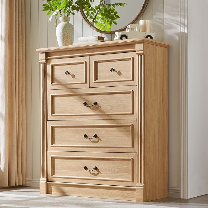 5 Drawers Dresser for Bedroom, Farmhouse 46" Tall Dressers & Chests of Drawers w/Roman Column, Wood Rustic Closet Dresser w/Two Different Drawer Sizes for Bedroom, Living Room, Natrual