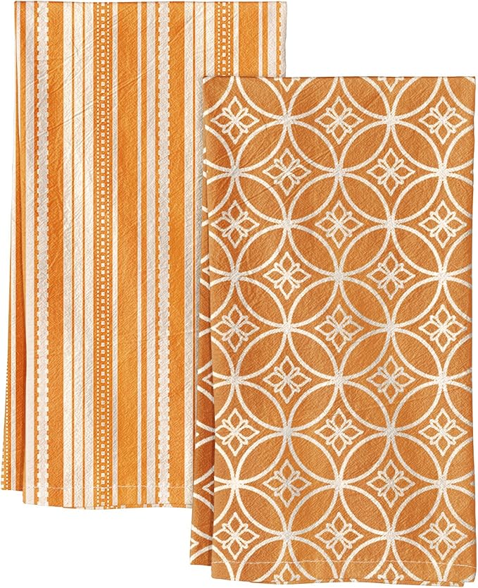 Miss Adola 2 Pack Flour Sack Kitchen Towels - 16x26 Inch Cotton Dish Towels with Hanging Loop Reusable Geometric Boho Modern Retro Tea Towel Absorbent Dishcloths Home Decor, Orange Stripe