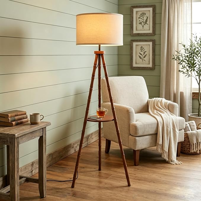 LAMSU Solid Wood Tripod Floor Lamp with Shelf, Mid Century Bobbin Standing Lamp with Fabric Shade and Foot Switch, Retro Farmhouse Tall Corner Lamps for Living Room Bedroom Office Reading, Brown