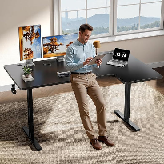 L-Shaped Standing Desk - 55 Inch Adjustable Corner Desk, Electric Sit-Stand Computer Table with Memory Controller for Home Office