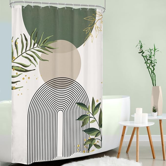 Small Stall Green Boho Shower Curtain 54Wx78H Rv Modern Bohemian Abstract Sage Green Gold Leaves Plant Minimalist Narrow Half Bathroom Decor Geometric Bath Curtain Fabric Polyester 12 Pack Hook