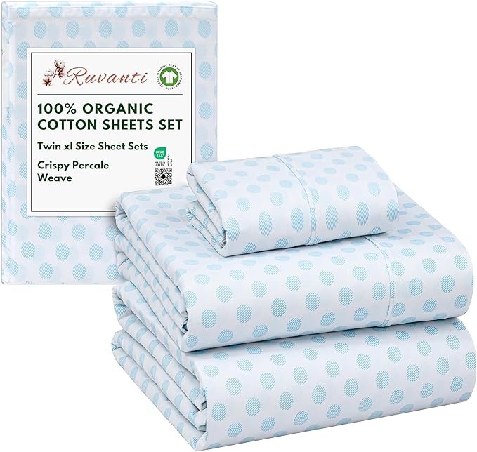 RUVANTI 100% Organic Cotton Sheets Twin XL, Percale Weave, GOTS Certified, 3-Piece Set, Deep Pocket 15", Crisp & Breathable, Soft Durable Bedding, Sábanas Algodón Orgánico – Circle Imprint