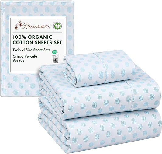 RUVANTI 100% Organic Cotton Sheets Twin XL, Percale Weave, GOTS Certified, 3-Piece Set, Deep Pocket 15", Crisp & Breathable, Soft Durable Bedding, Sábanas Algodón Orgánico – Circle Imprint