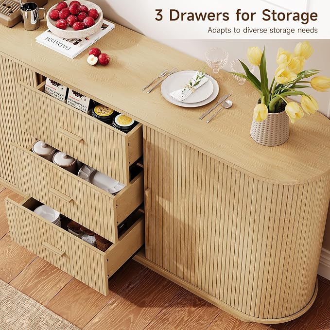 ONBRILL 63" Fluted Sideboard Buffet Cabinet with 3 Drawers & 2 Doors, Mid-Century Modern Buffet Sideboard Cabinet with Storage, Coffee Bar Table with Adjustable Shelf for Kitchen, Living Room, Oak
