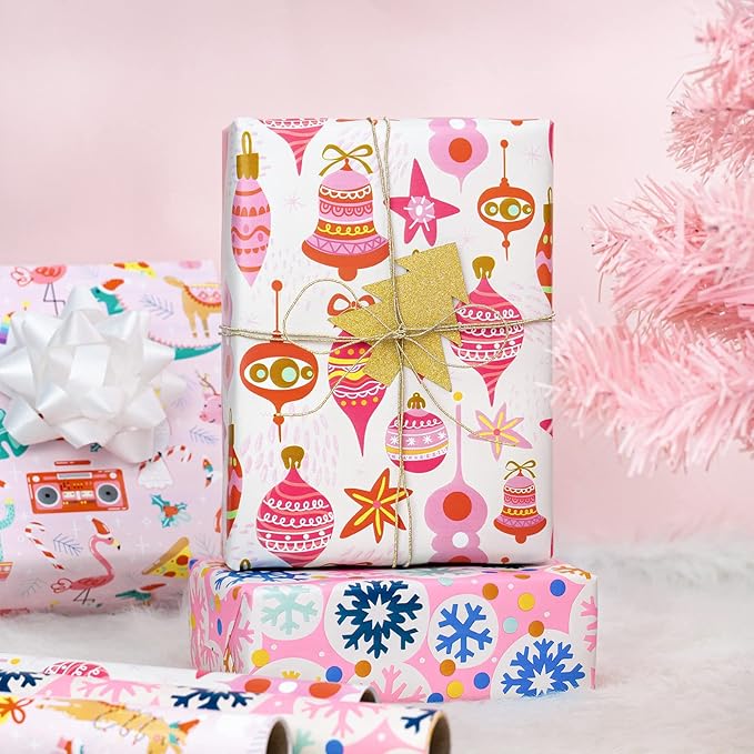 MAYPLUSS Pink Christmas Wrapping Paper - Mini Roll - 17in x 120 in Per roll - Pink White Snowfakes, Unicorn,Bell for Xmas Gift Wrap Retro Christmas Ornaments,for Holiday, New Year (46.8sq.ft)