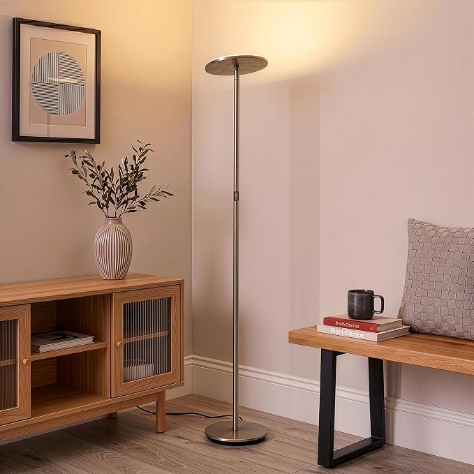 Brightech Sky LED Floor lamp, Torchiere Super Bright Floor Lamp for Living Room Decor & Office - Dimmable, Tall Standing Lamp with Warm Light for Bedroom & Reading - Brushed Nickel