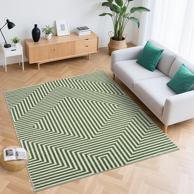 5x7 Washable Area Rugs for Living Room Modern Geometric Rug Non Slip Abstract Lines Soft Bedroom Carpet Low Pile Floor Mats for Bedroom Dining Home Office, Green