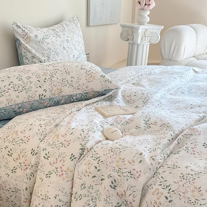 EAVD Girls Floral Botanical Duvet Cover Twin Soft Cotton Chic Shabby Garden Floral Leaves Print Bedding Set with 2 Pillowcases Fresh Cute Floral Comforter Cover with Zipper Closure