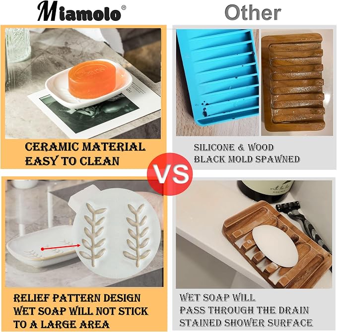 Miamolo Soap Dish Soap Holder Shower, Ceramic Soap Dishes for Bar Soap Sponge, Shower Soap Dish Soap Saver Tray for Bathroom Kitchen Sink, Easy to Clean, White (Pack of 2)