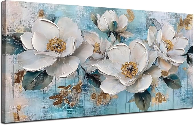 Ardemy Flower Wall Art for Living Room White Floral Canvas Art Wall Decor, Magnolia Teal Picture Textured Extra Large Painting Turquoise Artwork Bedroom Dining Room Kitchen Home Office 58"x29"