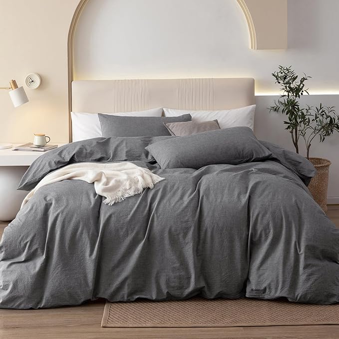 JIYUAN 100% Washed Cotton Duvet Cover Set 3 Pieces Cal King, 1 Duvet Cover 104x98 Inches (Comforter Not Included) and 2 Pillowcases,Linen Feel Bedding Set Comfy and Breathable, Heathered Dark Grey