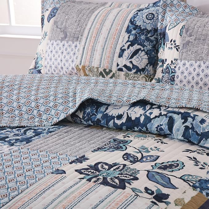 Yvooxny King Quilt Set Reversible Quilted Bedspread 3-Piece Lightweight Floral Real Patchwork Coverlet Bedding Set with Pillowcases for All Seasons, 108 * 96 Inches