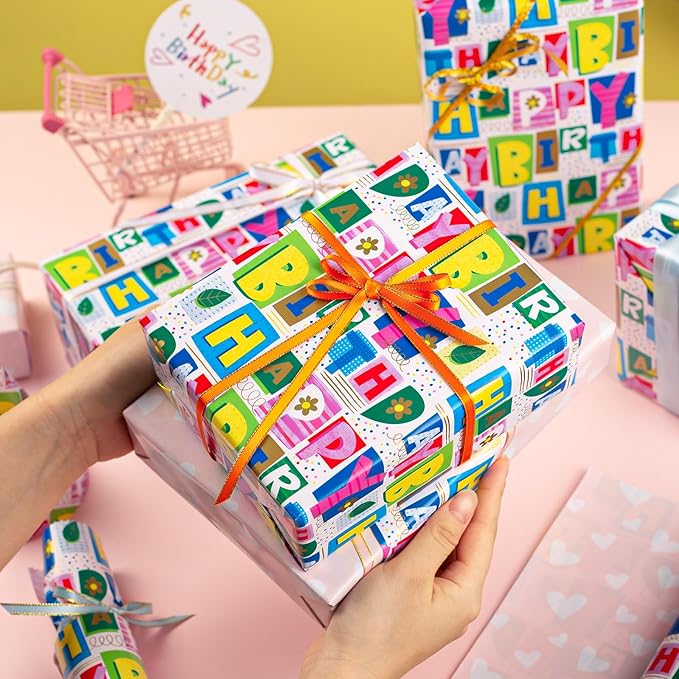 Homeral Reversible Wrapping Paper - Colorful Happy Birthday Letterings & Pink Heart Girly Gift Wrap for, Baby Shower, Party Gift Wrapping - Mini Roll Wrapping Paper - 17in x 33ft
