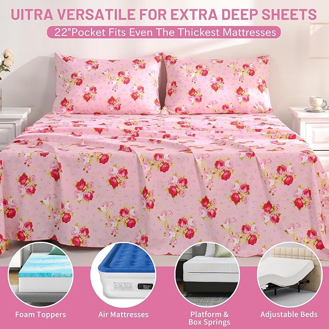 Bedlifes King Size Extra Deep Pocket Sheet Sets - Fits Mattresses Up to 18-24" Thick, 4-Piece Microfiber Set with 1800 Thread Count, Soft, Smooth, Breathable, Featuring Pink Floral Red Rose