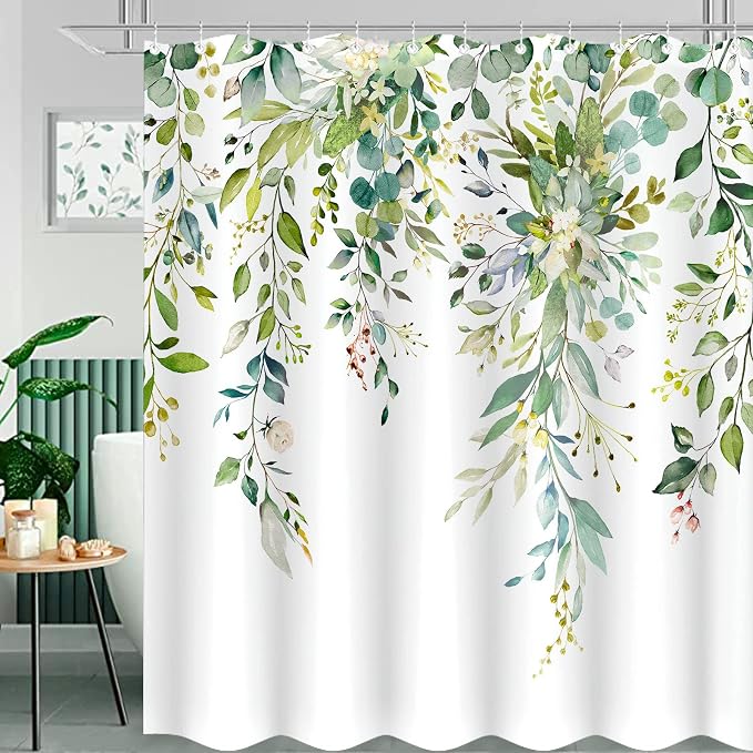 Green Eucalyptus Shower Curtain Watercolor Floral Plant Leaf Shower Curtains for Bathroom Sage Botanical Flower Waterproof Fabric Bath Curtain Decor with Hooks (Green, 72'' x 72'')