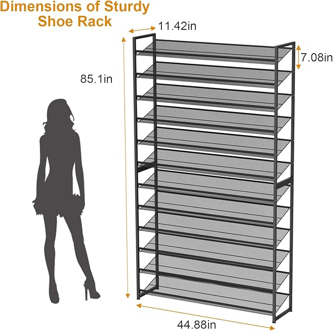 NEYCIL Large Shoe Rack 12 Tier Shoe Organizer, Heavy Duty Metal 6-Tier Stackable Shoe Storage Vertical Shoe Rack for Closet Front Door Entrance, Up to 75 Pairs, 44.8" W x 11.4" D x 85.1" H, Black