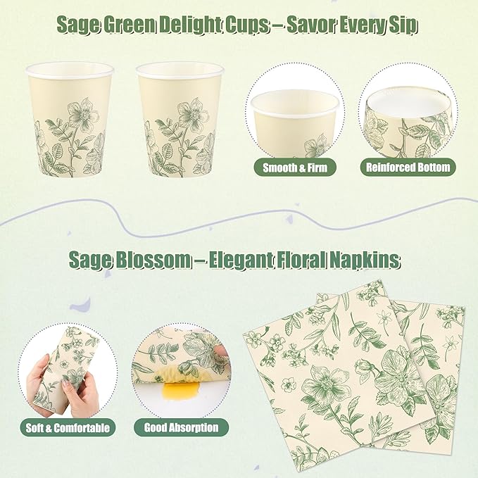 96 Pieces Sage Green Floral Party Supplies Elegant Floral Disposable Tableware Set Includes 9 Inch and 7 Inch Paper Plates, Cups, Napkins Serves 24 Guests for Birthday Baby Shower Wedding